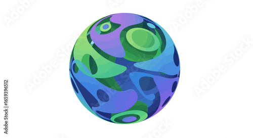 Abstract spherical design with fluid shapes and blended gradients in vibrant blue, green and purple colors evoking a sense of contemporary artistry