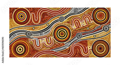 Abstract Indigenous Australian Art Depicting Native Landscapes with Symbolic Circular Motifs and Earth Toned Palette Rich with Cultural Resonance