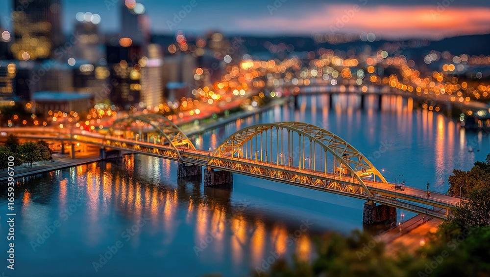 Obraz premium City skyline at twilight, bridge over river