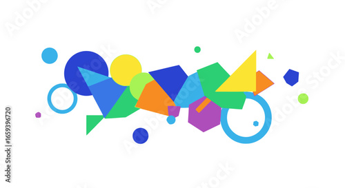 Playful Geometry: A Vibrant Medley of Shapes and Colors in Dynamic Composition, A Joyful Mix of Artistic Elements Featuring Modern Abstract Design,