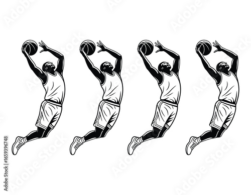 Dynamic Basketball Player Sequence Silhouette Illustration for Sports Design and Athletic Themes Featuring a Powerful Jump and Ball Control Action