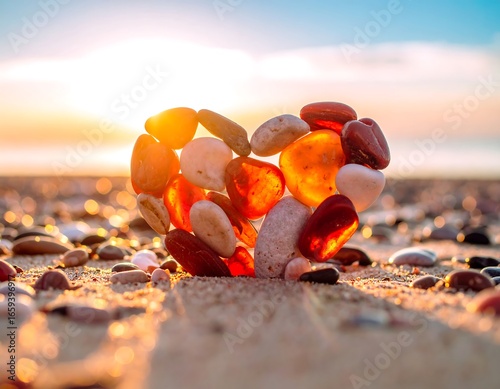 Heart-shaped stones on beach at sunrise