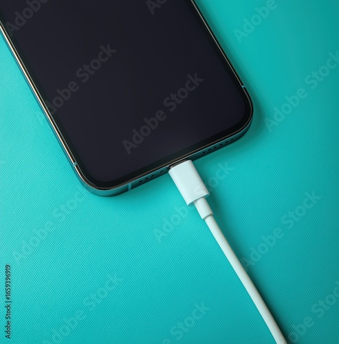 High-Resolution Close-Up of iPhone Charging with Lightning Cable on Flat Teal Background, Centered and Leaning for Depth