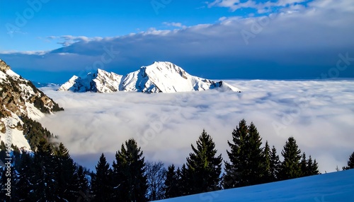 Snowy mountain peaks rising above a sea of clouds
