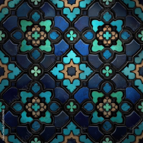 Intricate blue and teal geometric tile pattern