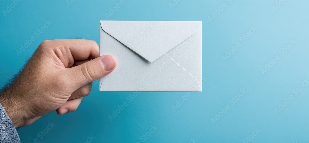 Fototapeta premium A hand holds a blank white envelope against a light-blue background