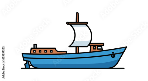 Stylized nautical vessel artwork showing a cartoonish boat with a sail and distinctive blue hull illustration for maritime themes, representing