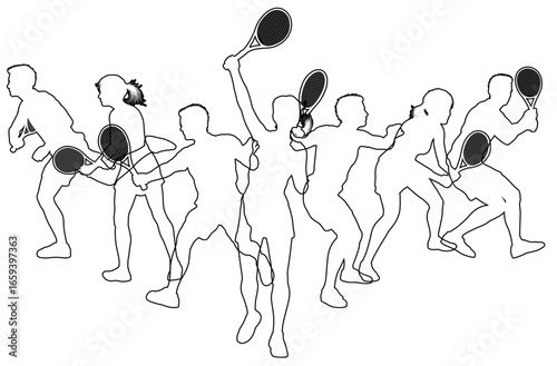 Silhouette Tennis players set. Active sports people healthy players fitness silhouettes concept.