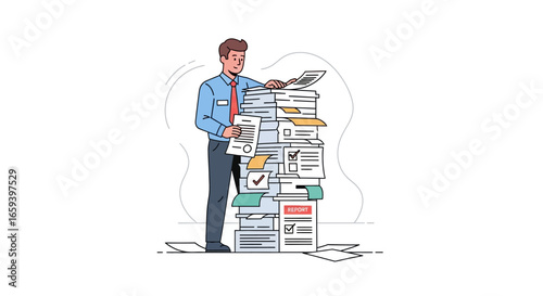 Overwhelmed office worker managing a large pile of documents, illustrating workload and paperwork burden with a towering stack of files and forms