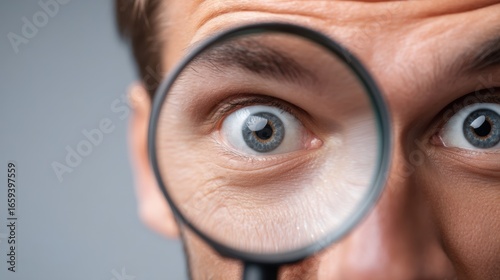 Curious person examining with magnifying glass sharpened, exploratory, excitement