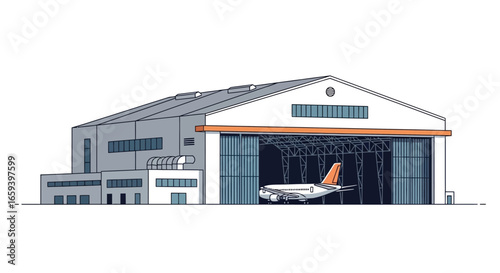 Commercial airplane parked in a large hangar at an aviation facility on a white background