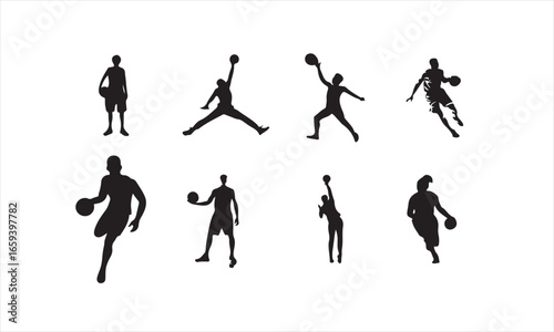 Collection of basketball player silhouettes in various poses on white background