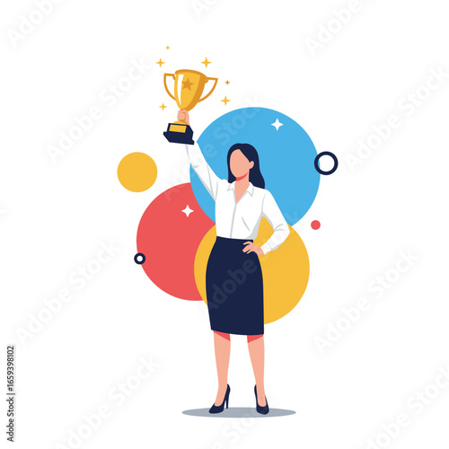 Successful woman achieves victory holding golden trophy above her head celebrating achievement and success