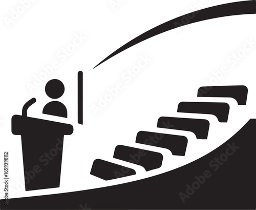 Lecture Hall Icon – Speaker at Podium with Audience Seating Symbol