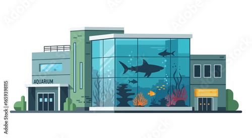 Captivating cartoon aquarium building illustration with diverse marine life exhibition and modern architecture design showcasing aquatic wonders
