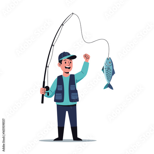 Excited fisherman successfully catches a fish on his fishing rod enjoying outdoor recreational activity and hobby
