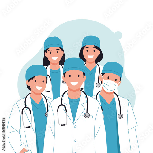 A diverse group of smiling medical professionals ready to provide healthcare services to patients
