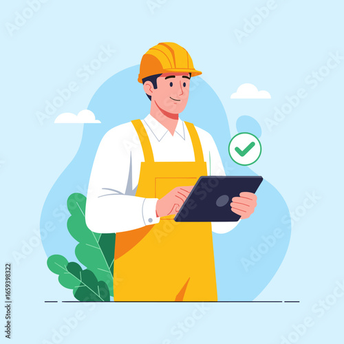 Skilled worker with hard hat holding a tablet computer reviewing project progress on a digital device with a green checkmark indicating successful task completion