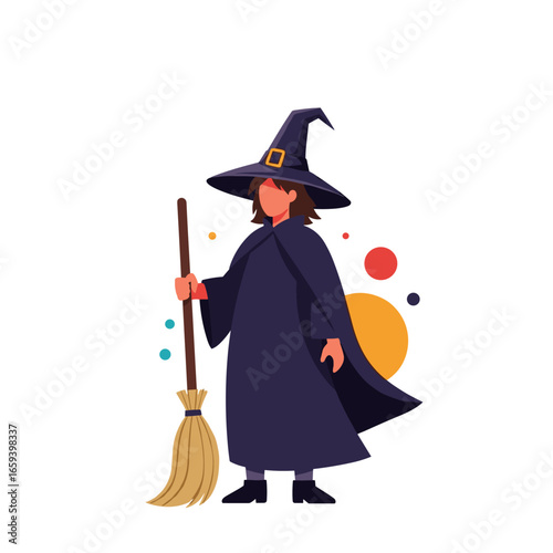 Mysterious enchantress with broomstick conjuring magical spells on a whimsical autumn evening