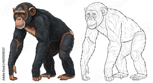 Chimpanzee Coloring Page with Detailed Colored and Outline Versions for Education and Fun