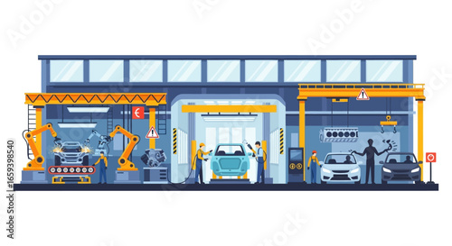Automated automobile assembly line, showcasing robotic precision and human oversight in a modern car factory for efficient production