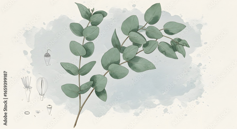 Obraz premium Illustration Eucalyptus branches with round leaves plus diagrams of its parts against a watercolor effect background