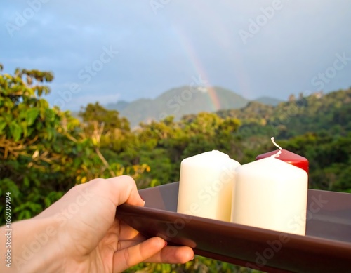 Hand holding tray with candles, rainbow over mountains