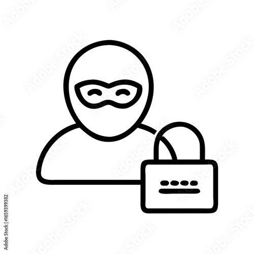 Cartoon thief holding padlock and wearing mask  