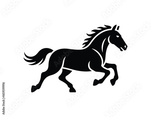 Elegant Black Horse Silhouette Prancing with Grace and Power Against a Clean White Backdrop Expressing Freedom and Strength