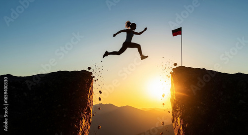 Silhouette of a woman leaping across a wide chasm between two cliffs towards a flag on a distant peak at sunset, symbolizing courage and achievement