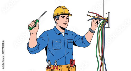 Electrician connecting electrical cables in outlet box cartoon styled illustration, worker in uniform, safety first concept, electrical system