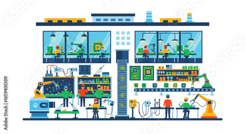 Modern manufacturing facility showcasing automation, robotics, and human collaboration in a technology-driven environment where efficiency is