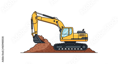 Cartoon Excavator Digging Soil with Strong Arm and Bucket Excavation Illustration of Construction Site Vehicle for Earthmoving Task