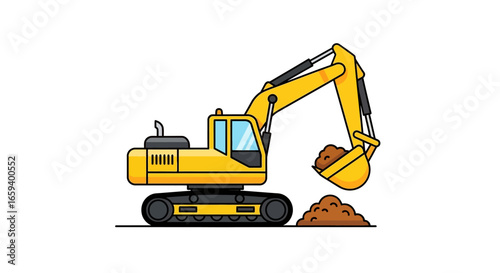 Yellow construction excavator digs soil cartoon illustration perfect for design templates and construction projects in vector format