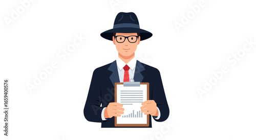 Confident analyst in suit and hat presents a rising business chart report with professionalism and authority in financial management review