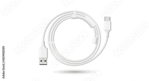 Clean and Minimalist White USB Cable Isolated on White Background, Data Transfer and Charging, Connectivity Solution