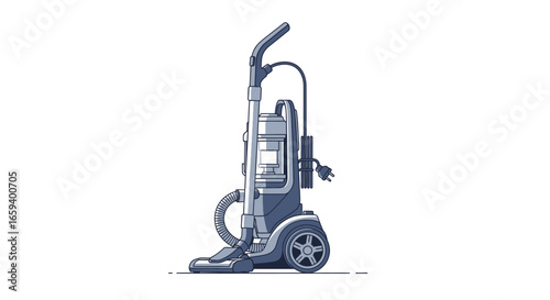 Modern Upright Vacuum Cleaner Illustration Showcasing Home Appliance with Clean Lines and Precise Details for Domestic Use Portrayal