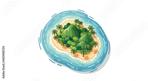 Cartoon tropical island paradise in turquoise water, ideal for vacation visuals, depicting serene escape and lush greenery with detailed sandy beach