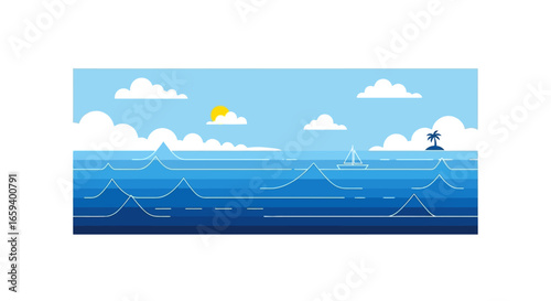 Stylized Seascape with Sailboat and Tropical Island, depicting nautical themes with a sunny sky, clouds and ocean waves