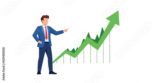 Illustrative depiction of a businessman indicating a positive growth trend with rising chart element