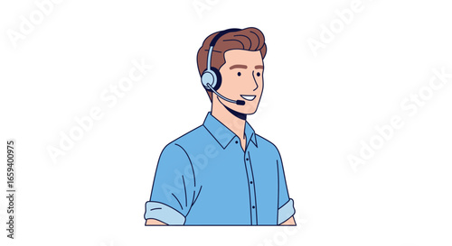 Friendly customer service representative providing assistance with a smile and headset in minimalistic illustration style