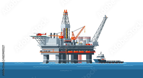 Offshore oil drilling platform illustration with a helicopter and supply vessel in the ocean environment exploration structure production extraction