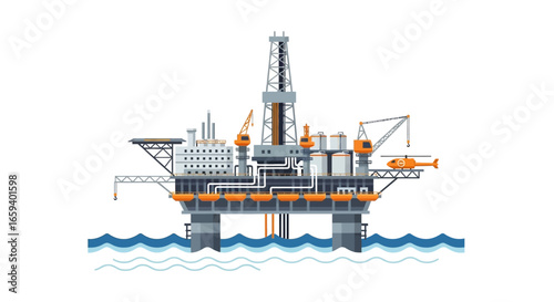 Offshore Petroleum Exploitation Platform Illustration of Energy and Production with Helicopter Landing Facility
