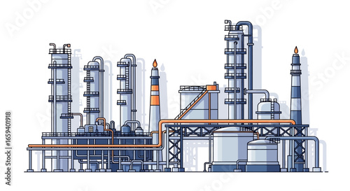 Detailed Industrial Complex Illustration Showcasing Interconnected Structures and Infrastructure Depicting Modern Refining Processes and Operations