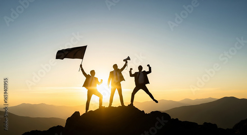 Silhouette of a business team celebrating success on a mountaintop at sunrise, holding a flag and cheering, symbolizing achievement and teamwork