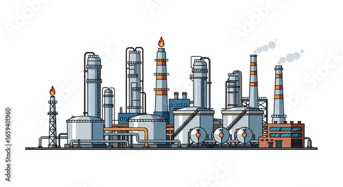 Stylized Industrial Plant Illustration Displaying Energy Production and Complex Infrastructure Facilities