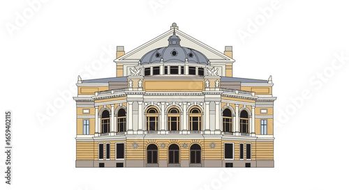 Detailed architectural rendering of a classic opera house with intricate detailing, conveying grandeur and cultural significance showcasing