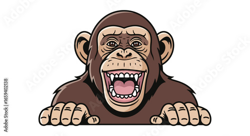 Cartoon Chimpanzee with a Big Grin: Illustration of a Happy Primate Mascot Character Expressing Joy and Enthusiasm, Ready to Showcase a Message