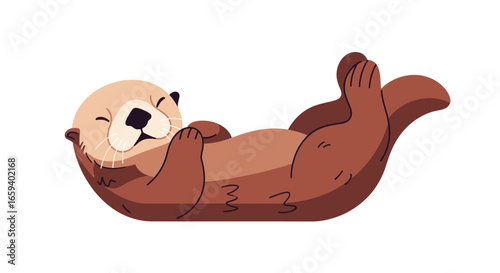 Cartoon sea otter lying on its back with a serene expression evoking feelings of relaxation and joy isolated on white background