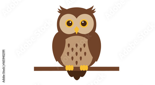 Stylized owl sitting on a perch illustration, adorable woodland creature with big eyes and symmetrical design  depicting a charming vector graphic
